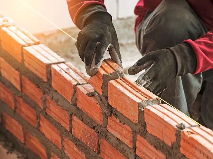 Unas manos con guantes de trabajo colocando un ladrillo en un muro